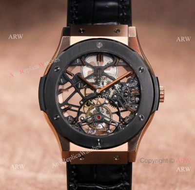 Rose Gold Hublot Classic Fusion Skeleton Tourbillon Black Bezel Watch Best Replica